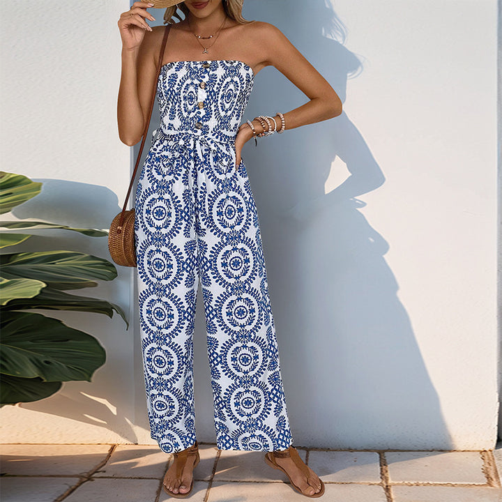 Sleeveless jumpsuit for women with wide legs and floral print Lune London