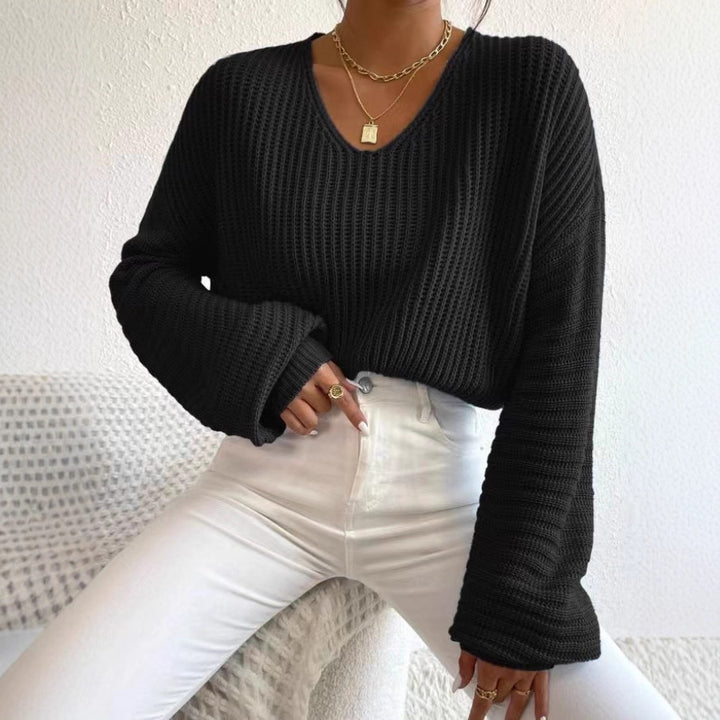 Casual knit sweater for women with wide V-neck and extra long sleeves Lune London