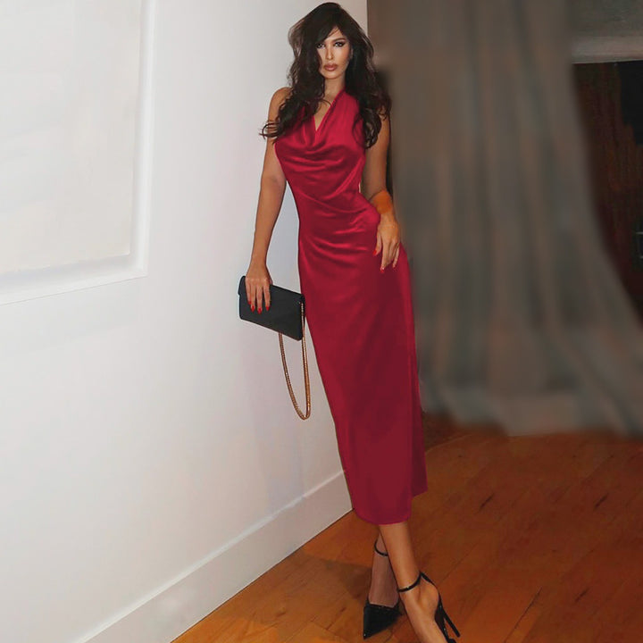 Elegant long satin dress for women with fitted cut and flared skirt Lune London