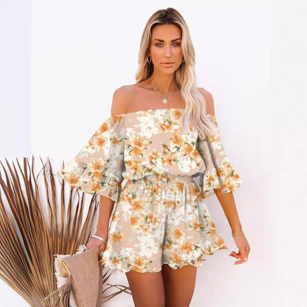Women Off-Shoulder Short Jumpsuit with Puffy Sleeves Chic & Stylish