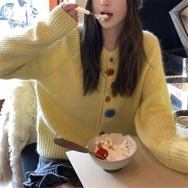 Knitted jacket for women with colorful button details and a high collar Lune London
