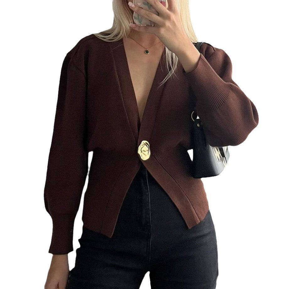 Women's fashion knitted cardigan with deep V-neck and decorative button Lune London