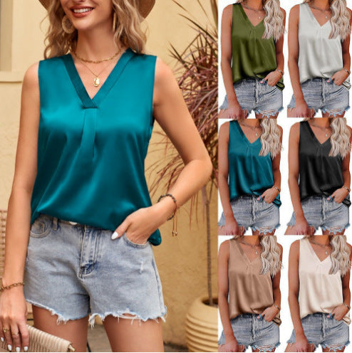 Women's Silky V-Neck Blouse Top Lune London