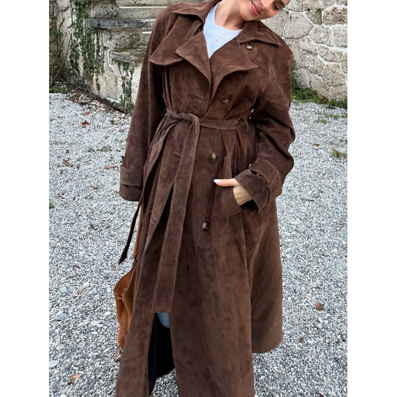 Elegant long coat for women in high-quality suede Lune London