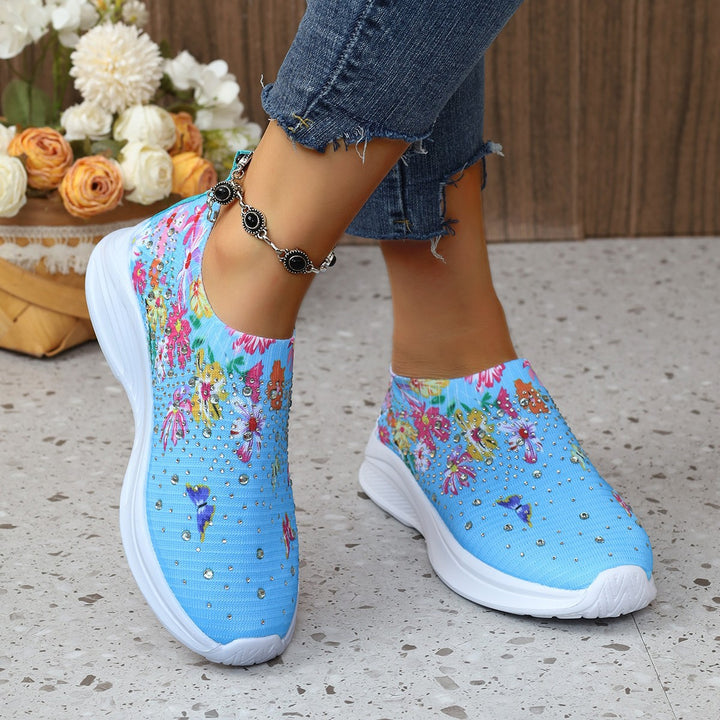 Women's Comfortable Slip-On Sneakers with Fashionable Floral Embroidery and Chic Rhinestone Details