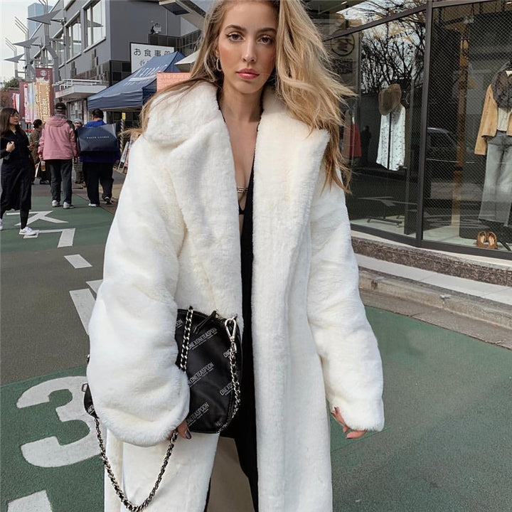 Oversized faux fur coat for women with hood and textured design Lune London