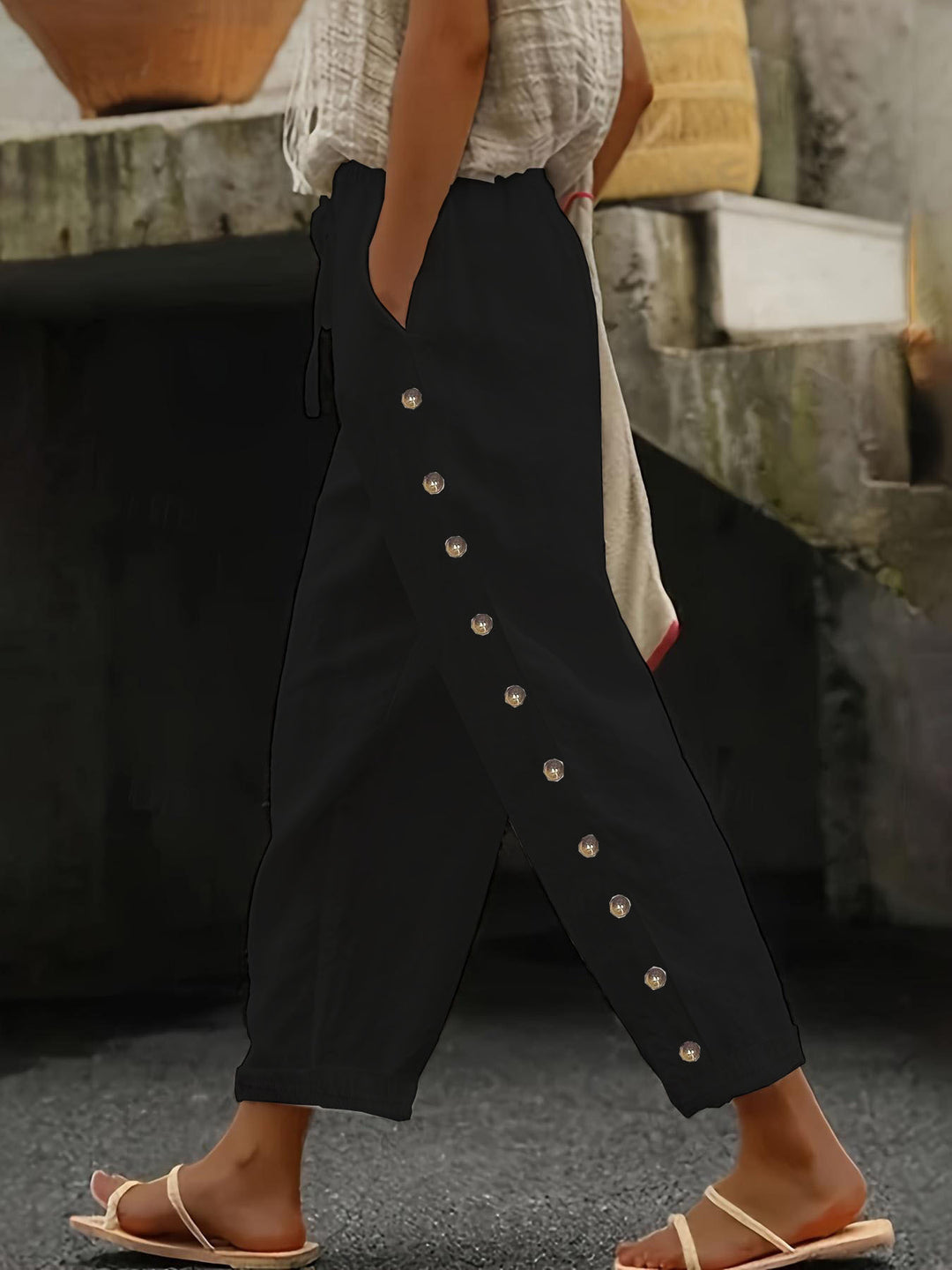 Lune London Women's trendy palazzo pants with button details and elastic waist