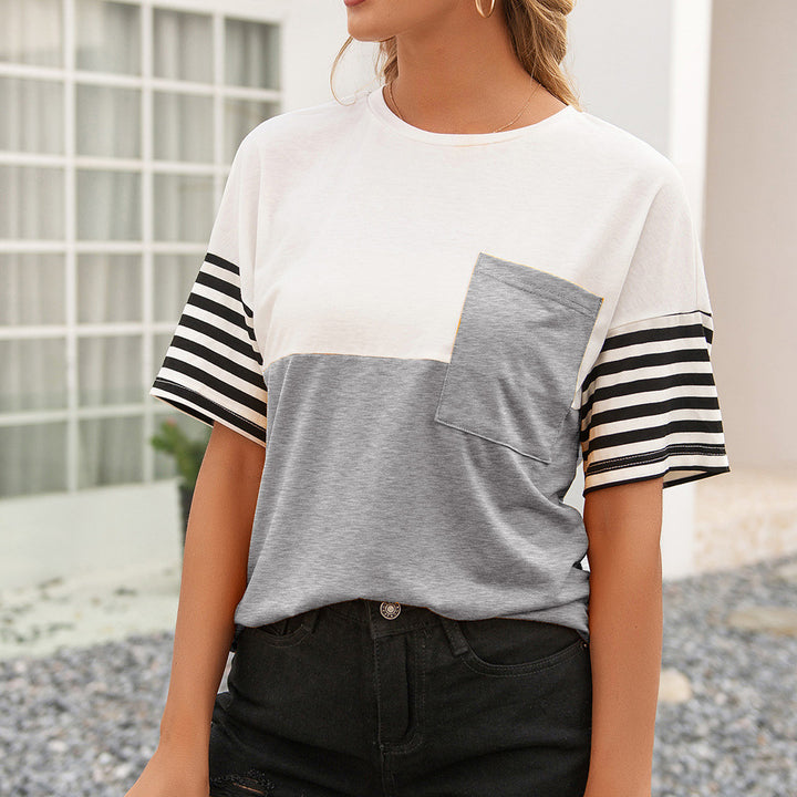 Fashion t-shirt for women with striped sleeves and applied pocket Lune London