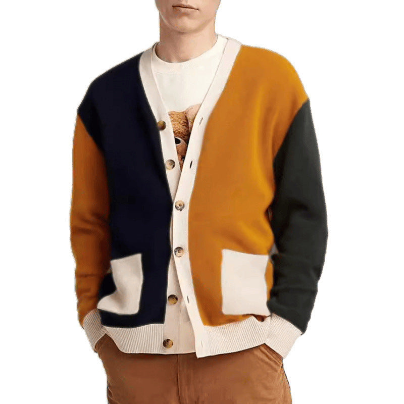 Men's knitted cardigan with modern color block details and practical pockets Lune London
