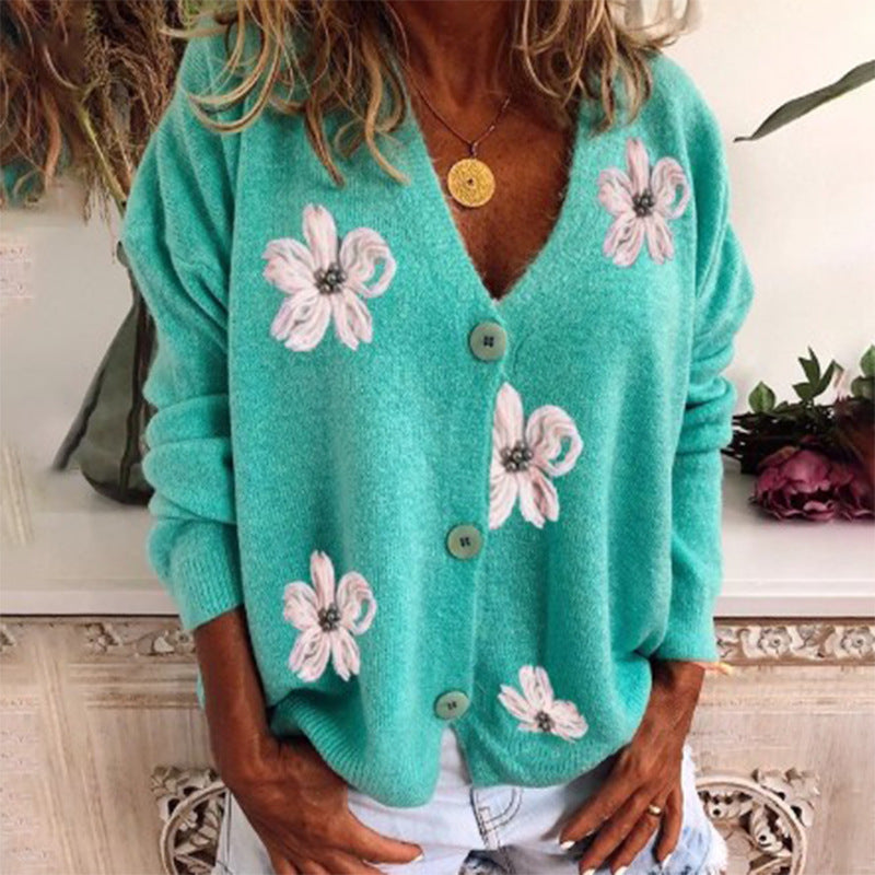 Women Comfortable Knitted Cardigan with Floral Pattern and Continuous Button Placket Lune London