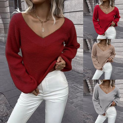 Knitted sweater for women with V-neck and wide sleeves Lune London