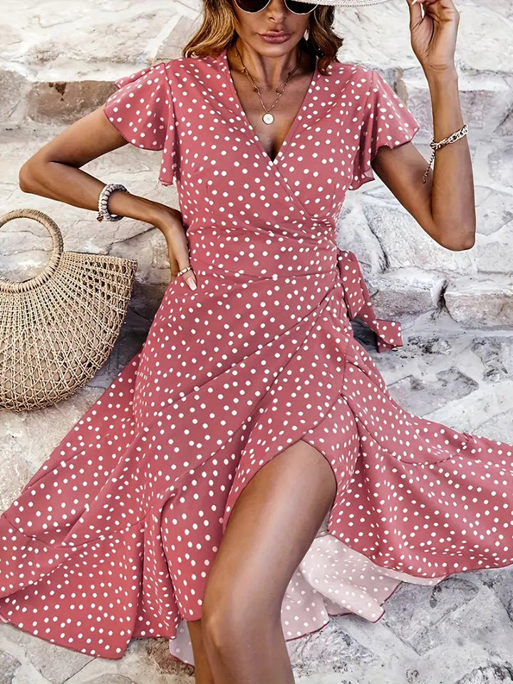 Women's wrap dress with dots and playful skirt detail Lune London