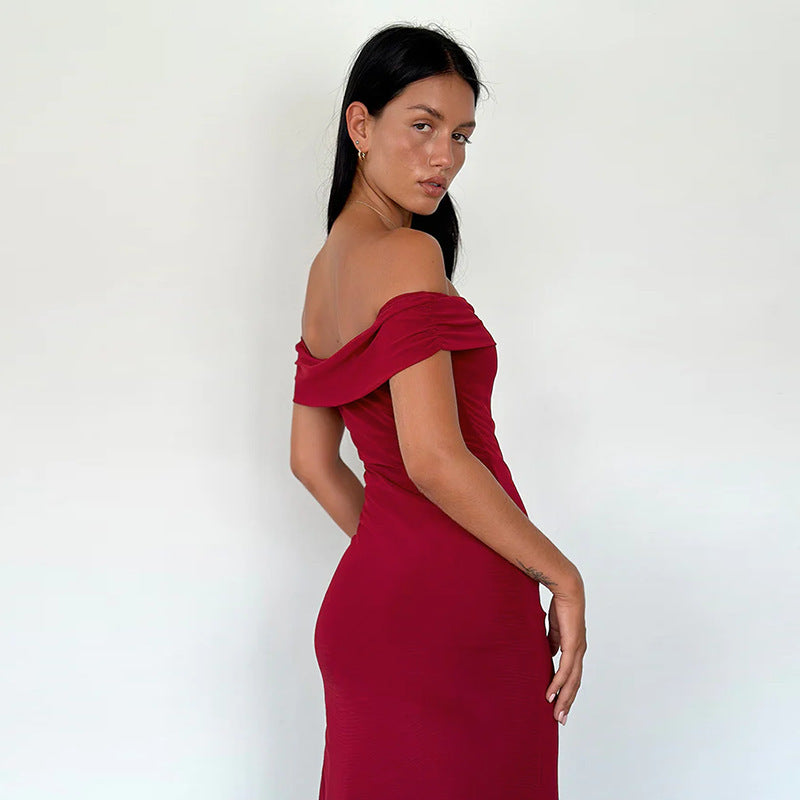 Ladies Elegant Maxi Dress Off-Shoulder with High Slit and Chic Sculpting Design