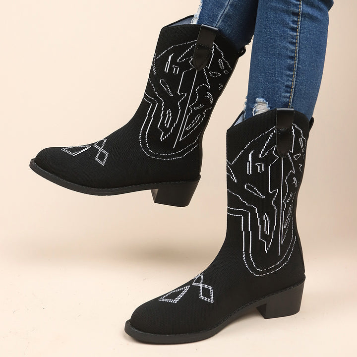 Women's cowboy boots with an artistic embroidered pattern and a sturdy heel Lune London