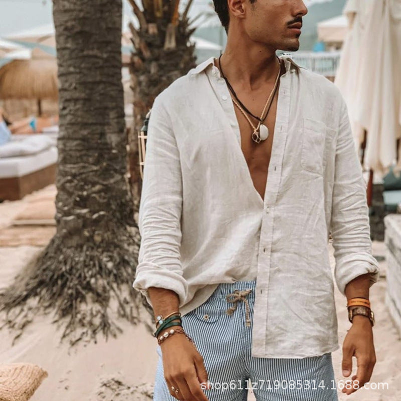 Light linen shirt for men with modern collar and casual chic design