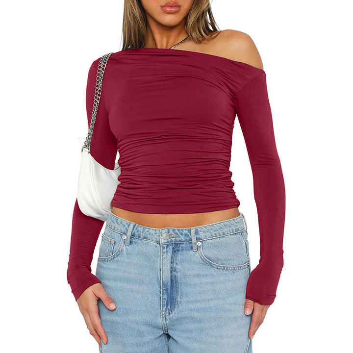 Fitted long sleeve t-shirt for women with asymmetric neckline and ruching Lune London