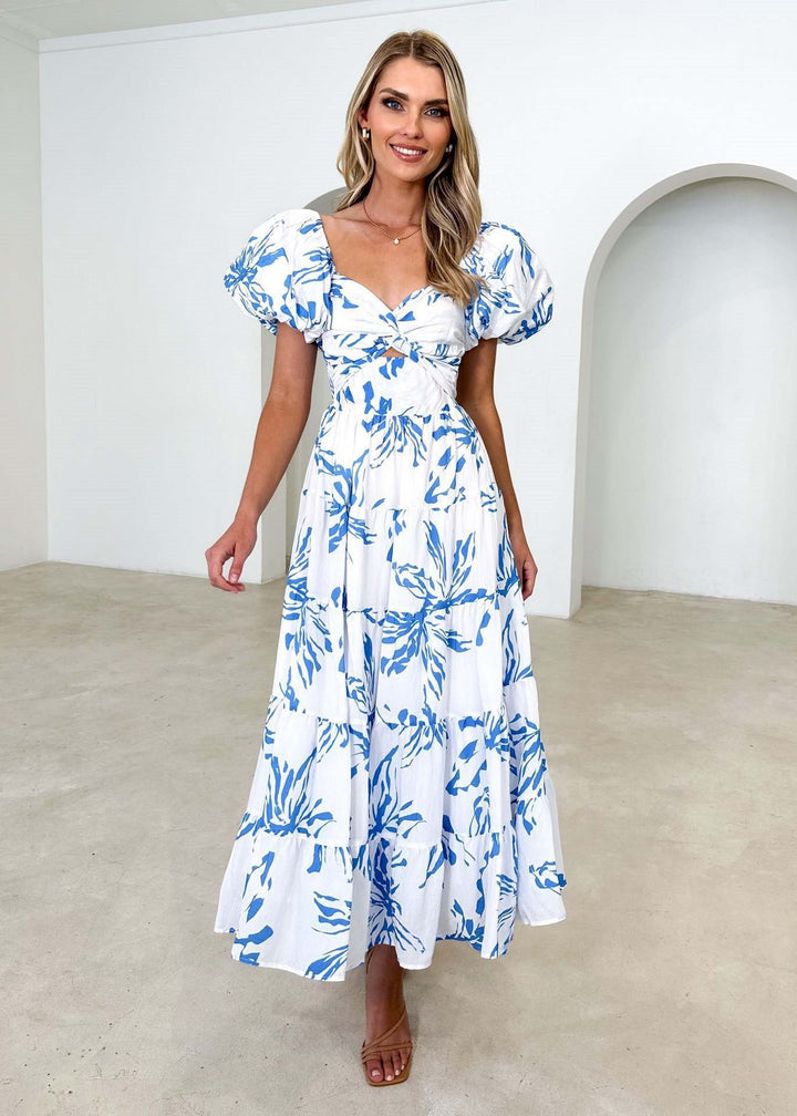 Maxi dress for women with voluminous balloon sleeves and chic floral print