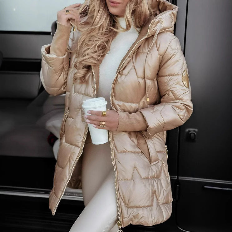 Ladies long quilted jacket with hood and practical pockets Lune London