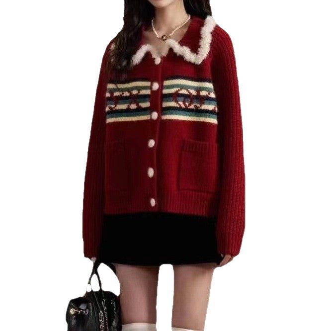 Knit jacket for women with a colorful pattern and a fluffy collar Lune London