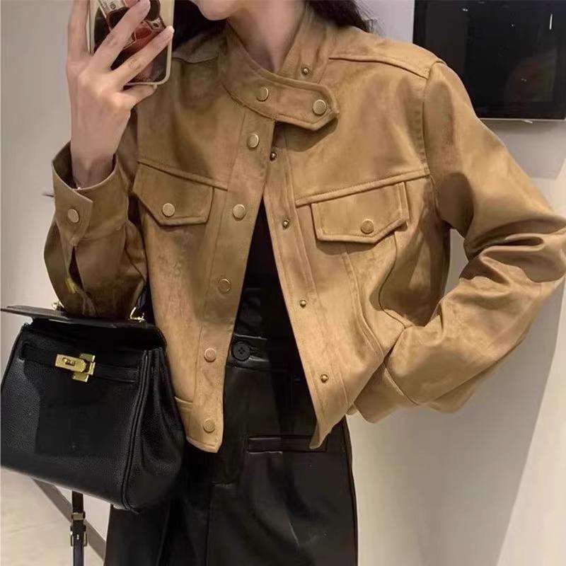 Cropped faux leather women's jacket with high collar and practical pockets Lune London