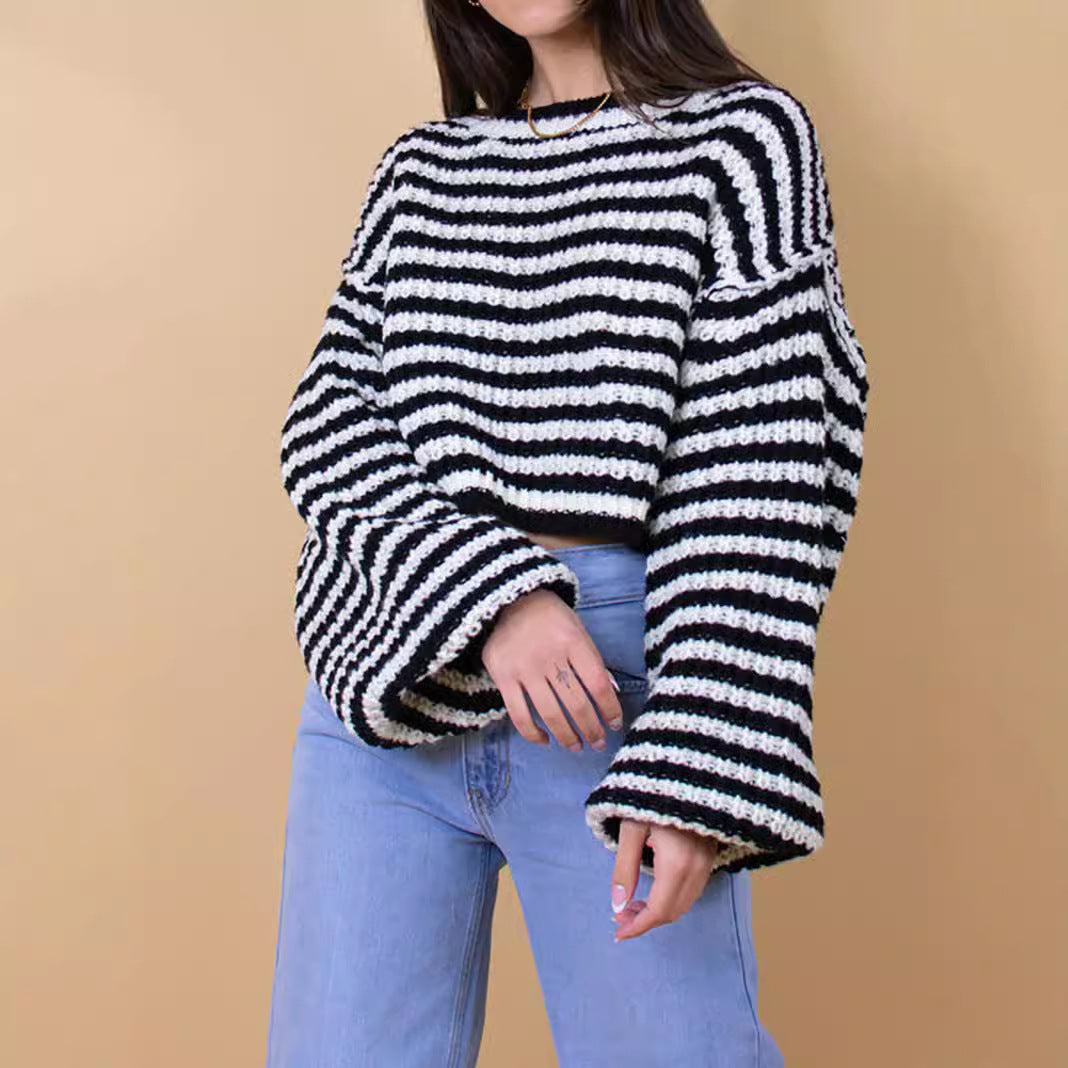Women Short Knit Sweater with Flared Sleeves and a Chic and Stylish Striped Pattern