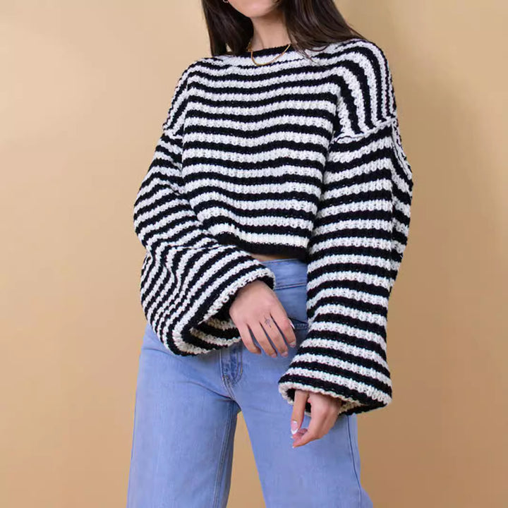 Women Short Knit Sweater with Flared Sleeves and a Chic and Stylish Striped Pattern