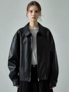Women's Leather Jacket in Casual Oversized Cut with Practical Pockets Lune London