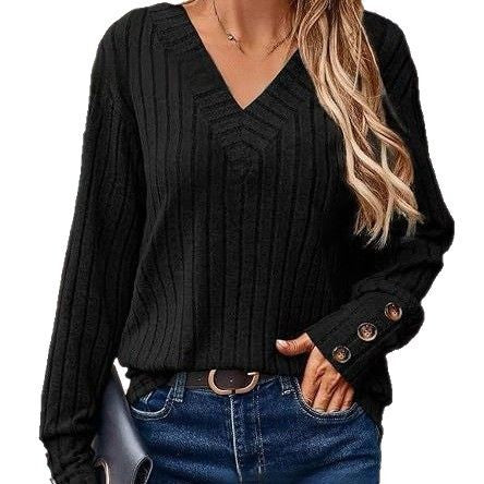 Knit sweater for women with V neckline and decorative button details Lune London