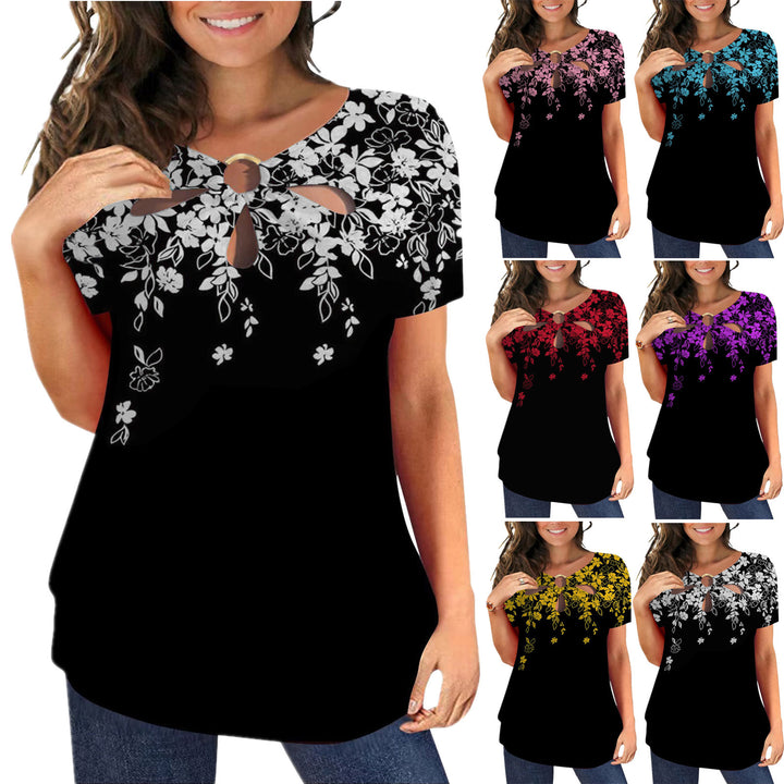 Women's elegant top with floral cut-out design and shiny ring insert Lune London