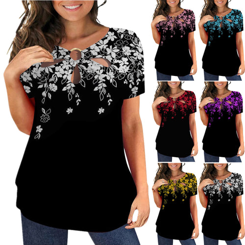 Women's elegant top with floral cut-out design and shiny ring insert Lune London