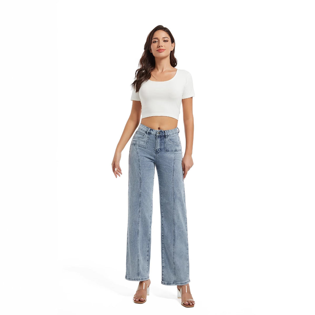 Wide high-waist jeans for ladies with a tie belt and stylish stitching details Lune London