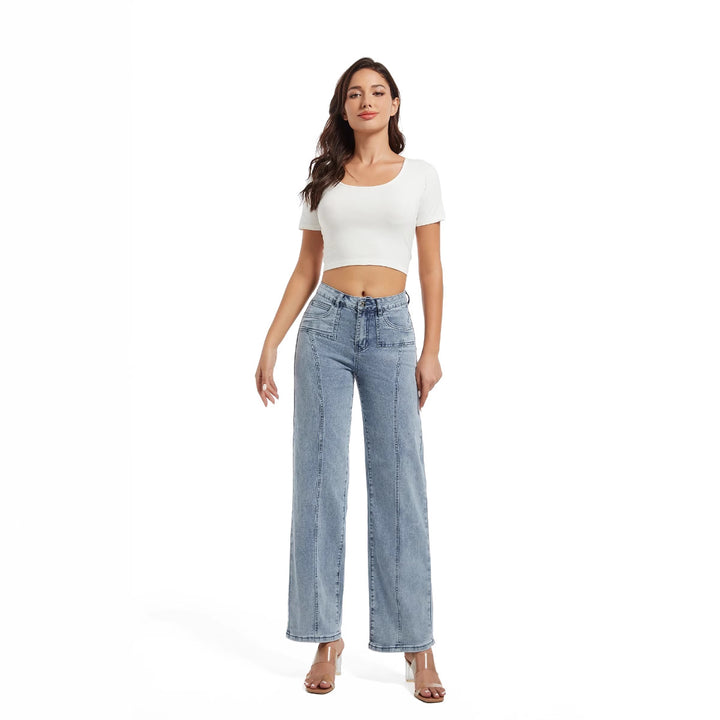 Wide high-waist jeans for ladies with a tie belt and stylish stitching details Lune London