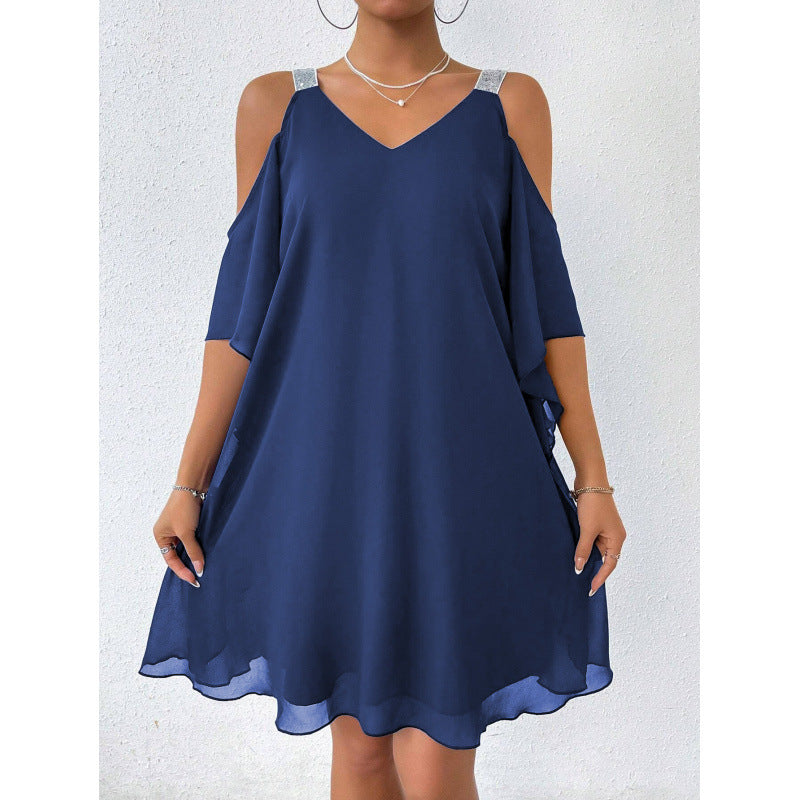 Fluid dress for women with off-the-shoulder design and ruffled hem Lune London