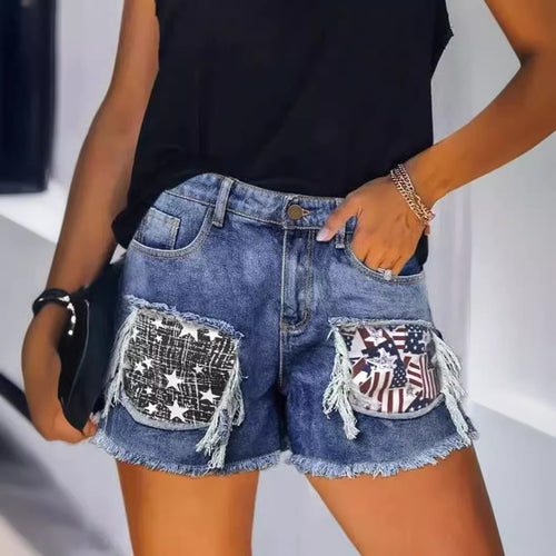 Women Destroyed Denim Shorts with frayed pockets and trendy patches Lune London