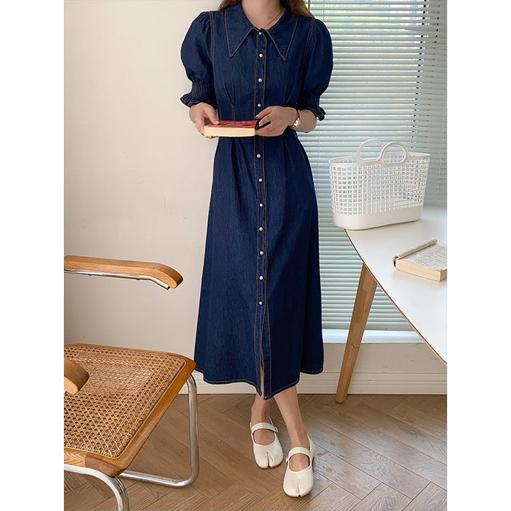 Women's denim midi dress with voluminous sleeves and button details Chic & Stil