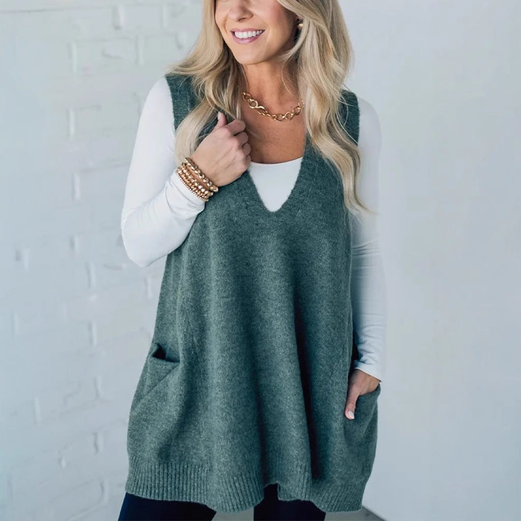 Ladies Knitted Fashion Vest with V-Neck and Practical Pockets Lune London