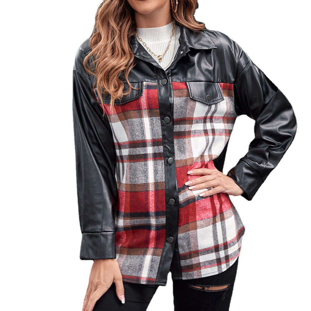 Oversized shirt for women with contrasting leather sleeves and a plaid pattern Lune London
