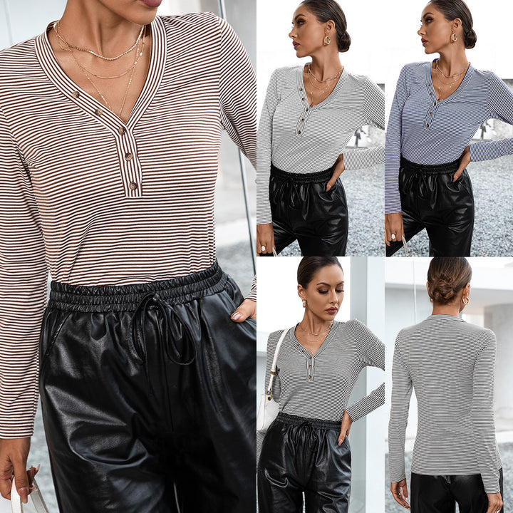 Women Long Sleeve Top with Button Placket and Striped Pattern Lune London