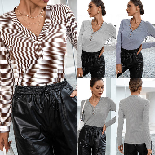 Women Long Sleeve Top with Button Placket and Striped Pattern Lune London