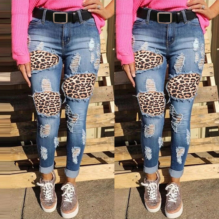 Ladies skinny jeans with leopard patch and vintage effects Lune London