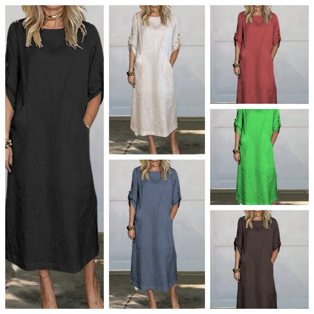 Lune London Long Casual Dress with Long Sleeves for Women with Practical Pockets and Roll-Up Sleeves