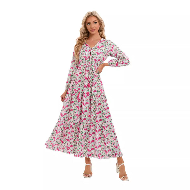 Maxi dress for women with a knotted V-neckline and voluminous sleeves Lune London