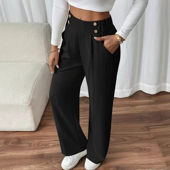 Pantalons élégants pour femmes taille haute avec des détails de boutons sur les côtés et une jambe large Chic & Stil