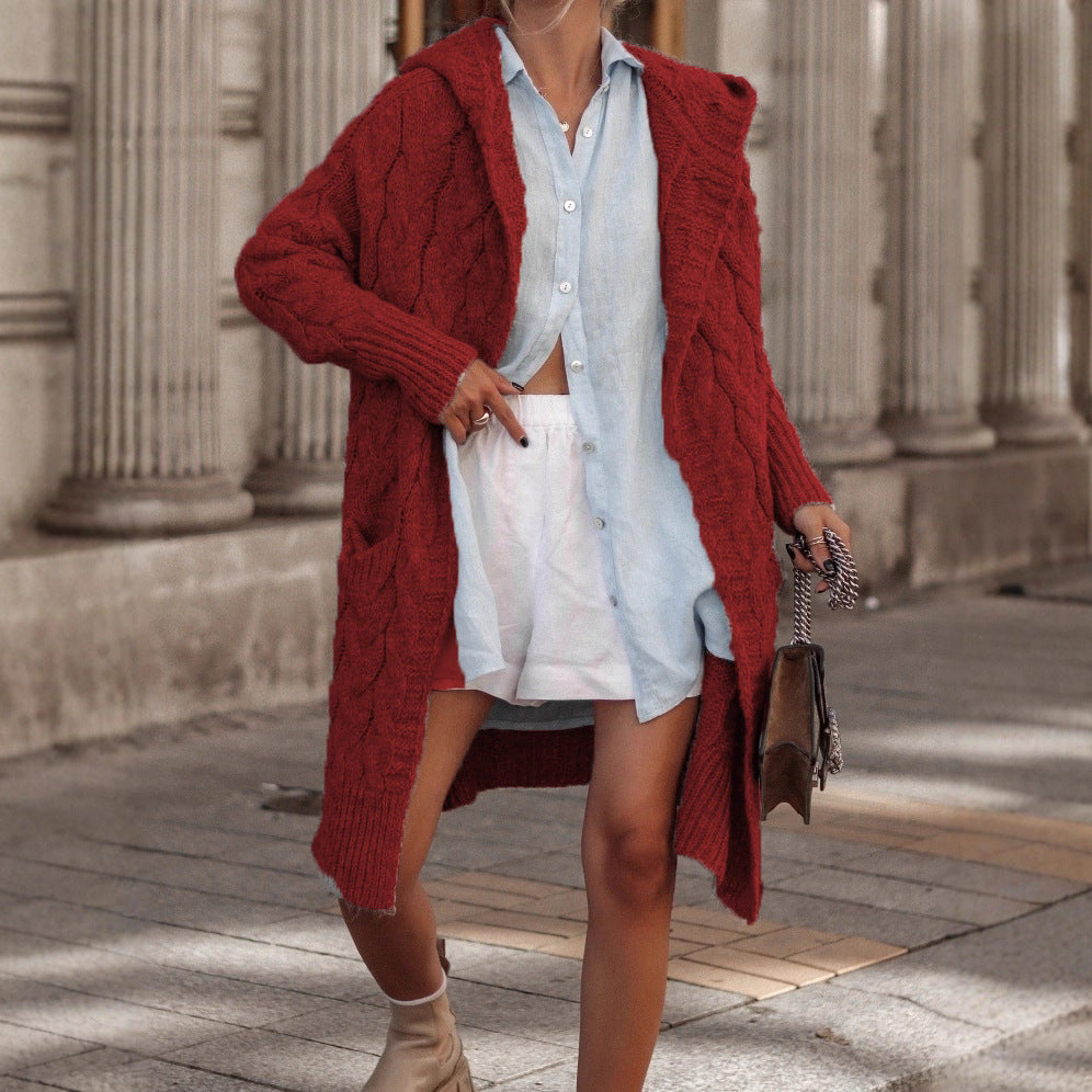 Knit coat for women with knitted plastic pattern and deep V-neck Lune London