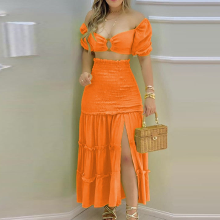 Robe d'été deux pièces pour femmes en tissu froissé avec manches bouffantes et fente haute Chic & Stil
