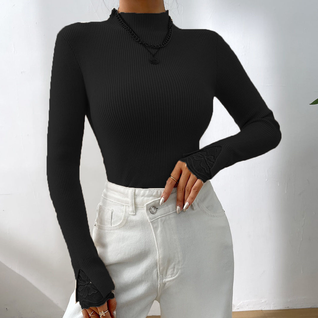 Long sweater with long sleeves for women with lace sleeves and fitted cut Lune London
