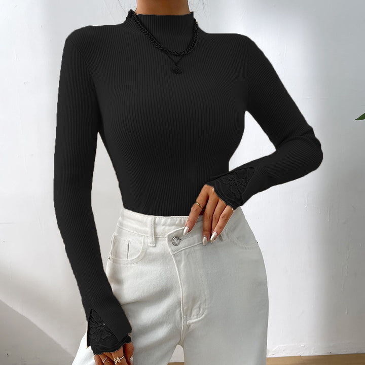 Long sweater with long sleeves for women with lace sleeves and fitted cut Lune London