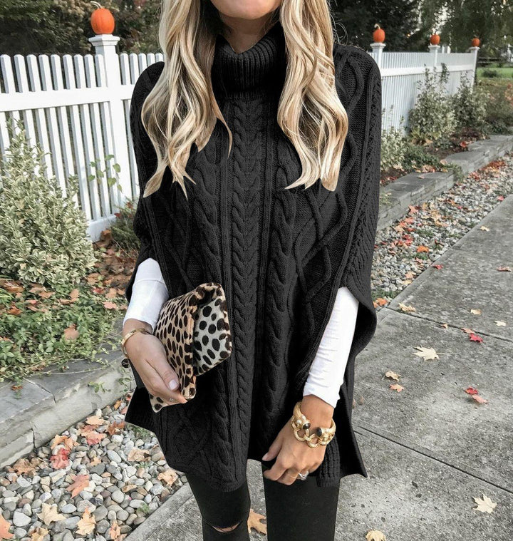 Fleece poncho for women with high collar and cable knit pattern Lune London