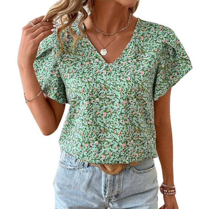 Women's V-Neck Blouse with Floral Pattern and Ruffle Details Lune London