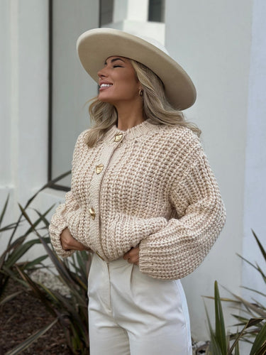 Chunky knit cardigan for women with large buttons and practical pockets Lune London